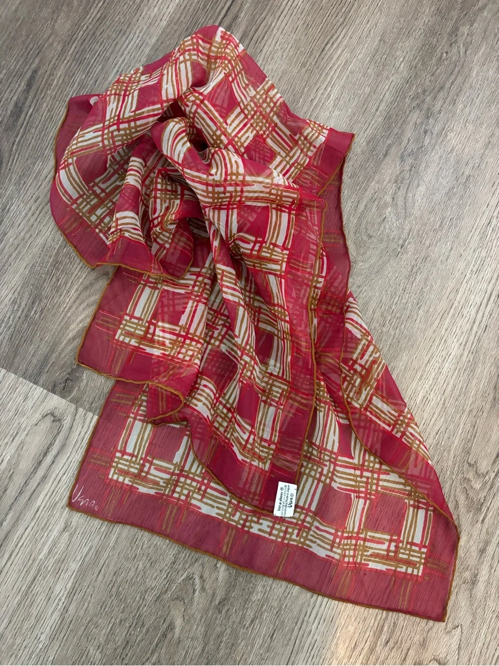 Vintage Vera Neumann Sheer Pink Plaid Handrolled in Japan Silk Scarf